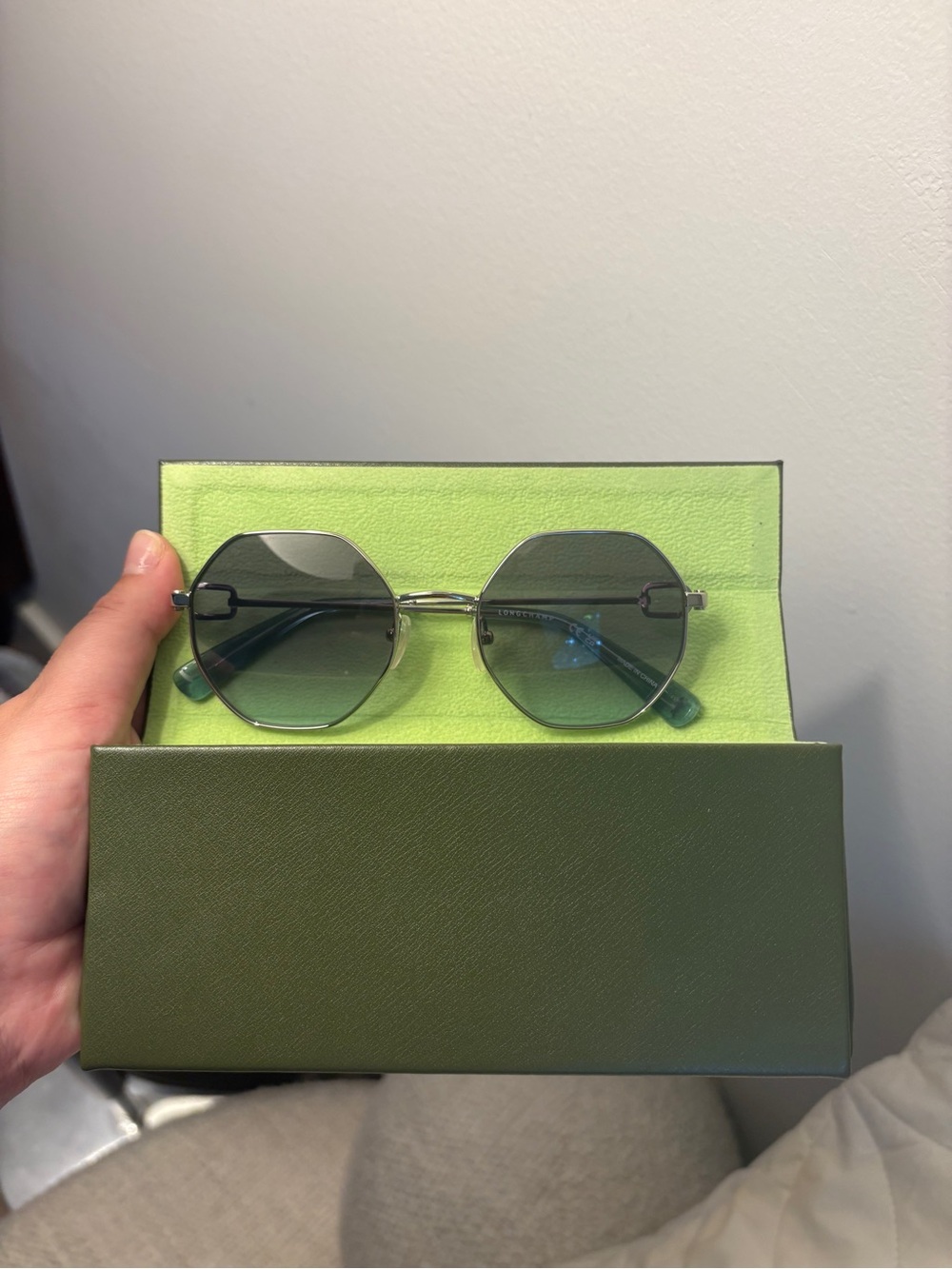 Authentic Longchamp wire rim octagon sunglasses. Blue tinted lens.